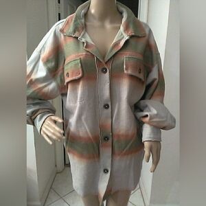 NWOT FREE PEOLE Striped Button-Up Utility Jacket SOFTY GREAT COLORS SZ S 4 PKTS